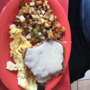 Chicken fried steak scrambled eggs home fries