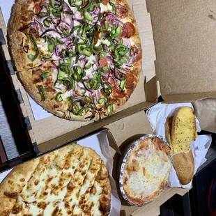 Medium pizza-onions, green peppers , pepperoni on half. Garlic cheese sticks comes with marinara. Baked ziti comes with garlic bread.