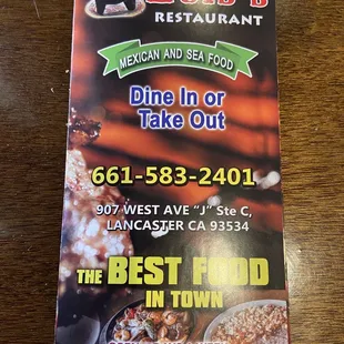 Front of the Restaurant Menu