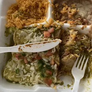 Three enchiladas, rice and beans