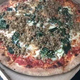 Fiorentina with sausage (includes fresh spinach, garlic, parmigiano, and fontina cheese). The Best! Fresh.