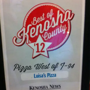 Congrats on two years in a row for the Best Pizza in Westosha!