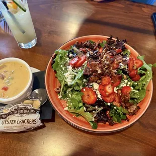 Spicy Sausage Clam Chowder and Strawberry Feta Salad