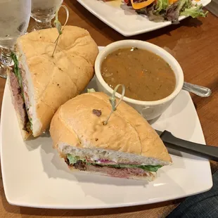 Steak sandwich with beef stew soup