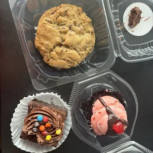 m&amp;m brownie, cherry cupcake, chocolate chunk cookie!  all amazing!!!