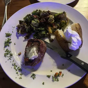 1/2 10oz filet, 1/2 baked potatoe, 1/2 portion of Brussels sprouts