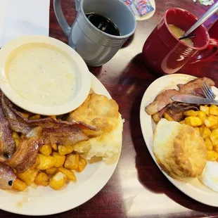 1st plate: Bacon, biscuit, potatoes and gravy  2nd Plate Fried eggs, potatoes., biscuit and bacon