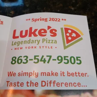 Front of take our menu