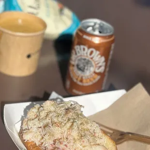 Large crab roll combo, lobster bisque, root beer and salt &amp; vinegar chips.