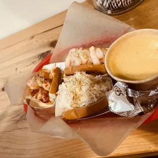 Trio/ sampler (Lobster Roll, Shrimp Roll, Crab Roll), and lobster bisque (small)