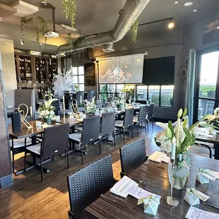 a dining room with tables and chairs