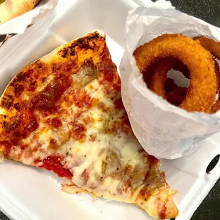 Sausage pizza &amp; onion rings