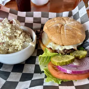 Burger &amp; potato salad