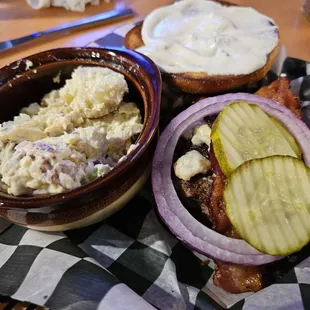 Burger with potato salad