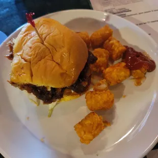 1/2 of an order of bbq pulled pork sliders and tater tots