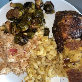 Rice, Spicy Brussels Sprouts (not spicy), Macaroni and Cheese, Cornbread, Quarter Chicken