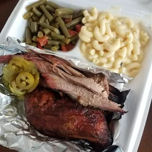 Two meat plate with brisket and chicken, mac and cheese and green beans. AMAZING. Definitely could not finish it all.