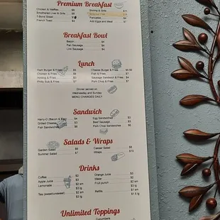 a menu on the wall