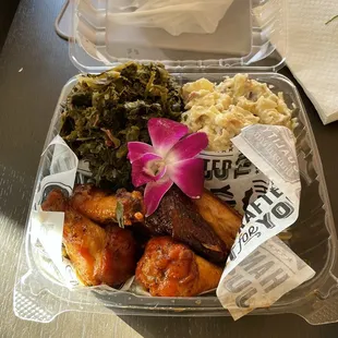 Hot Honey wings, potato salad and collard/kale greens