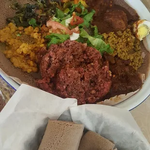 veggie &amp; meat combo with kitfo (spiced raw ground beef)