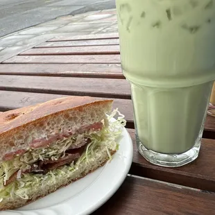 1/2 of a shared BLT on focaccia (baked here), cinnamon and maple matcha latte