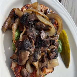 Blackened chicken no bun - love the mushrooms!