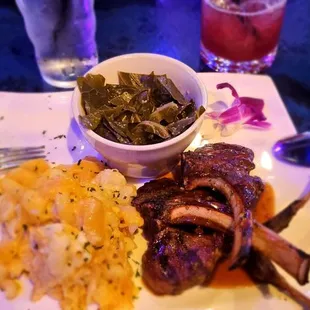 Fire grilled lamp chops, mac n cheese with collards