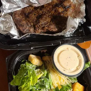 Ribeye, Mac and cheese, and caesar salad delivered through uber eats