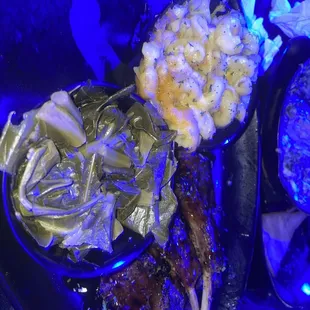 Lamb chops, mac &amp; cheese, and green