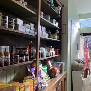 a shelf full of goods