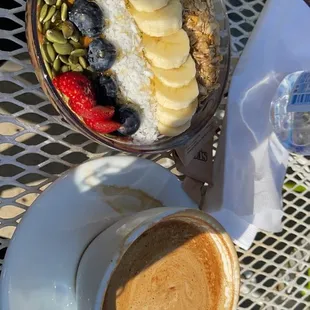 Açaí bowl and a cappuccino
