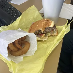 Double cheeseburger with onion rings