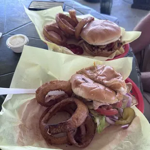 Jalepeno Stuffed Double Jalapeno Burger, Western Bacon Cheeseburger, onion rings.