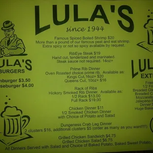 menu for lula's