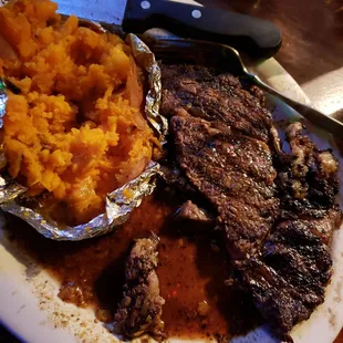Best Rib eye steak over sized sweet potato toasted bread