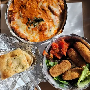 chicken parm penne vodka MY FAVORITE!!! and potato croquettes