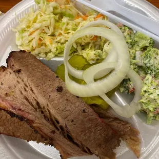Brisket, broccoli salad and coleslaw.