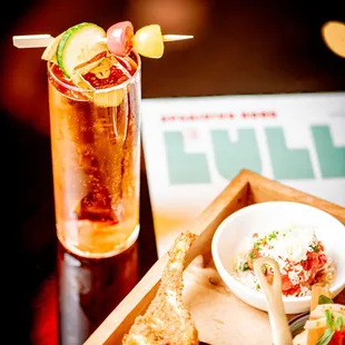 a tray of food and a drink