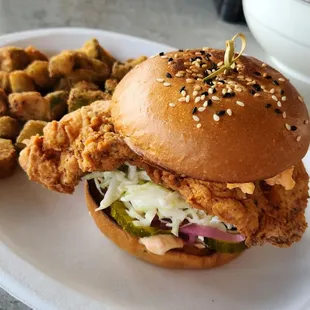 Fried chicken sandwich, okra