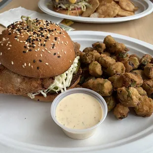 Fried chicken sandwich with fried okra