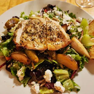 Pear, chevre, and champagne salad with grilled chicken added