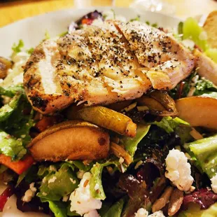 Pear, chevre, and champagne salad with grilled chicken added