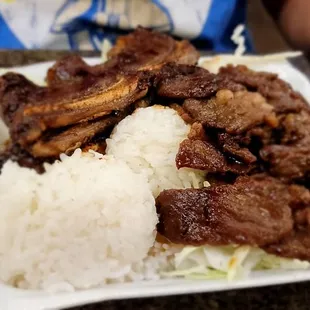 Half and half combo with BBQ beef and pork with rice and Mac salad