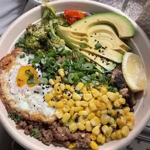 Lulu's Loco Moco plus some extra sides that I added (avocado, sautéed mushrooms, and broccoli).
