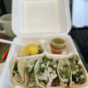 Chicken and Pork Tacos. Really great! Sauces will light you up, wonderful flavors with a nice kick! Very sweet service and great prices.