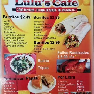 Menú. Everything made to order and you can request anything you&apos;d like, as long as she has what she needs!