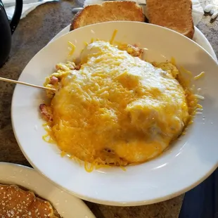 A breakfast bowl! Sausage, eggs, hashbrowns, sausage gravy and cheese.