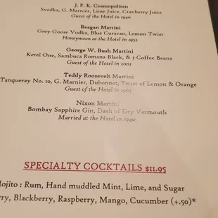 the special cocktail menu