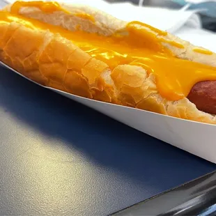 a hot dog with cheese on it