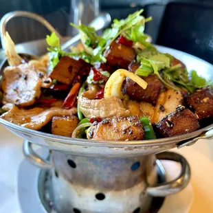 Griddle cooked potatoes - also has slices of pork belly, great flavors and textures (05/2024)